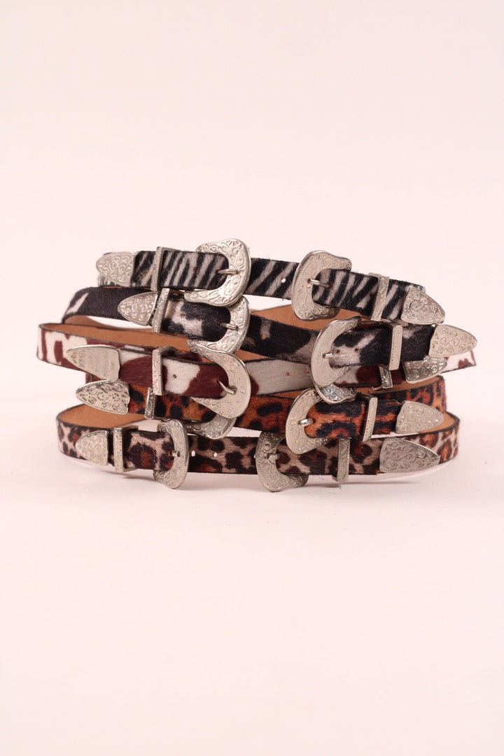 Double Buckle Leather Hat Band Animal Print Faux Fur
