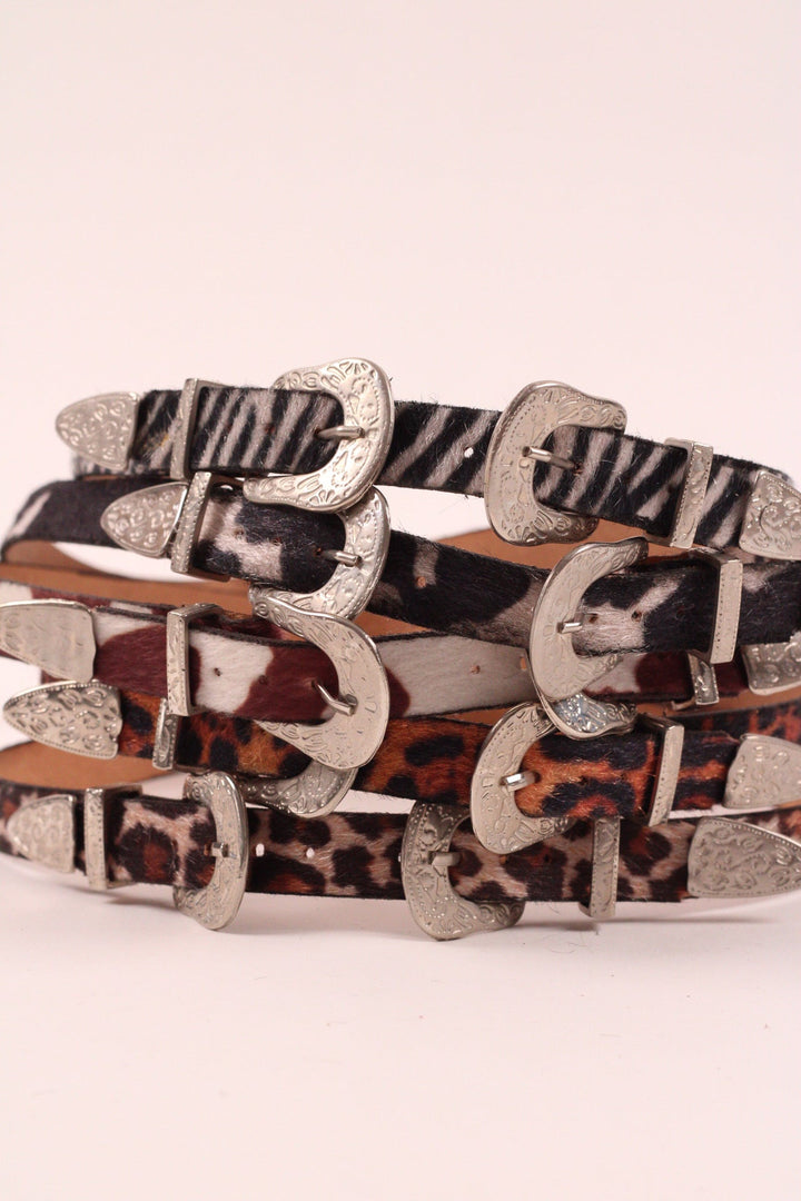 Double Buckle Leather Hat Band Animal Print Faux Fur